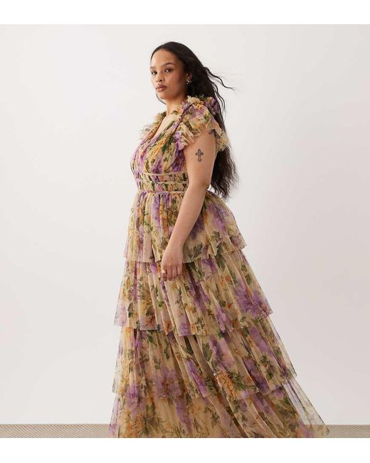 Lace & Beads Plus Brown Tulle Ruffle Shoulder Plunge Neck Tiered Maxi Dress