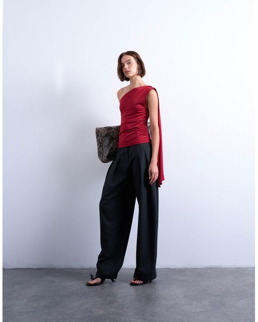 TOPSHOP Red One Shoulder Cape Detail Top