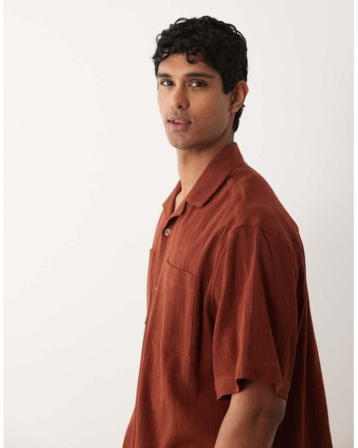 ASOS Red Oversized Revere Crinkle Texture Shirt for men