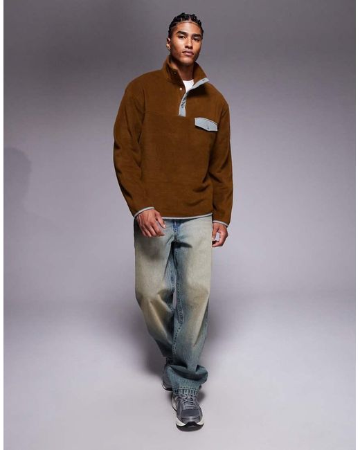 ASOS Brown Relaxed Funnel Neck Fleece Sweatshirt With Quarter Snap for men