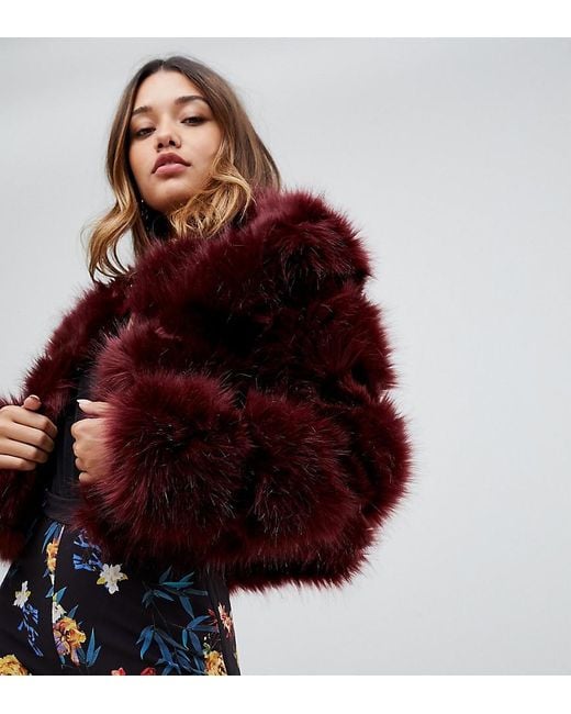 PRETTYLITTLETHING Red Cropped Faux Fur Bubble Coat