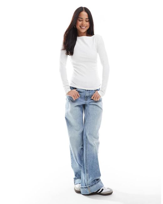 Stradivarius White Ruched Slash Neck Top