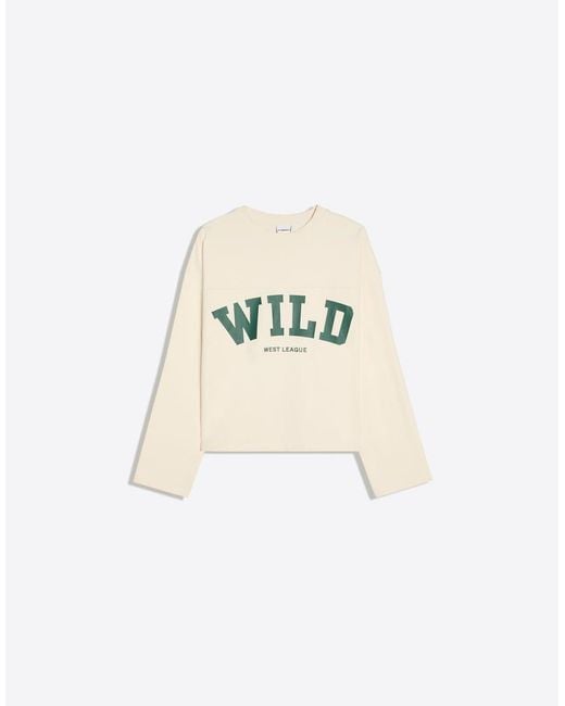 Bershka Natural Printed Round Neck Sweatshirt