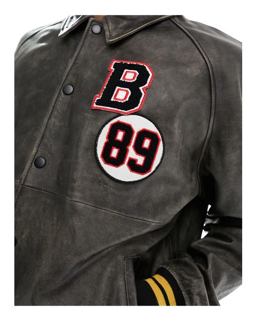 Bomber en cuir véritable avec écusson style université - délavé ASOS pour homme en coloris Black