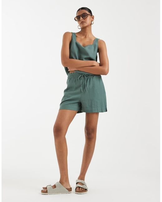 Vero Moda Green Linen Touch Tie Waist Papaerbag Shorts Co-ord