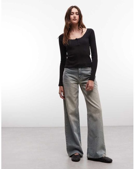 Noisy May Black Long Sleeve Henley T-shirt With Lace Neckline