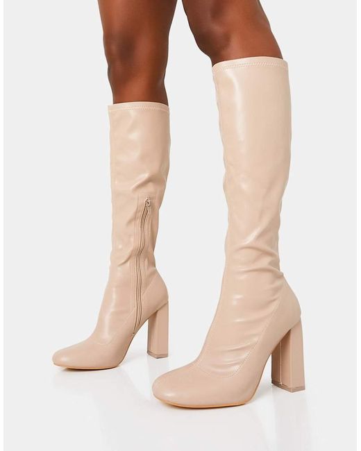 Public Desire Natural Christina Pu Pointed Toe Block Heel Knee High Boots