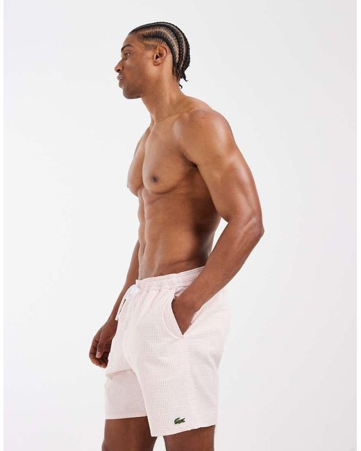 Lacoste Pink Classic Logo Stripe Swim Shorts for men