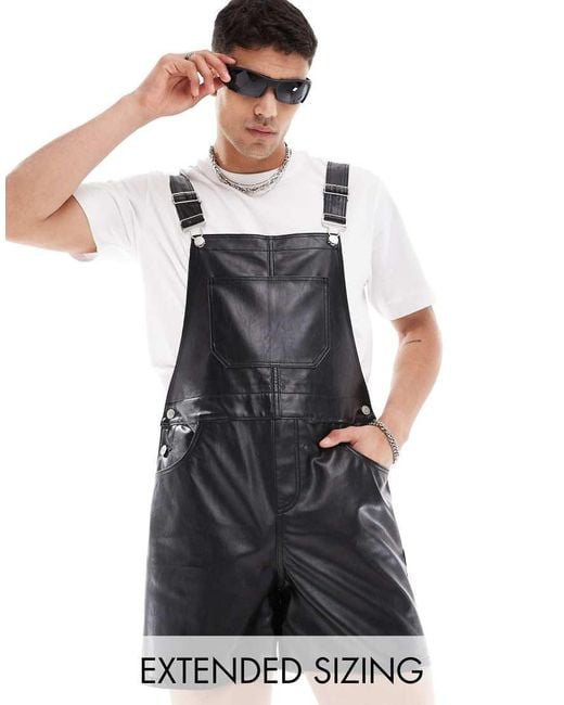 ASOS Black Leather Look Shorter Length Dungaree for men