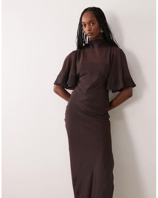 ASOS Brown Asos Design Tall Half Wide Sleeve Column Chiffon And Satin Contrast Dress
