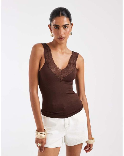 ASOS White Seamless V Neck Tank Top With Lace Detail