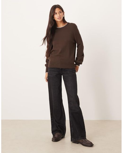 Threadbare Brown Crew Neck Jumper With Contrast Blanket Stitch