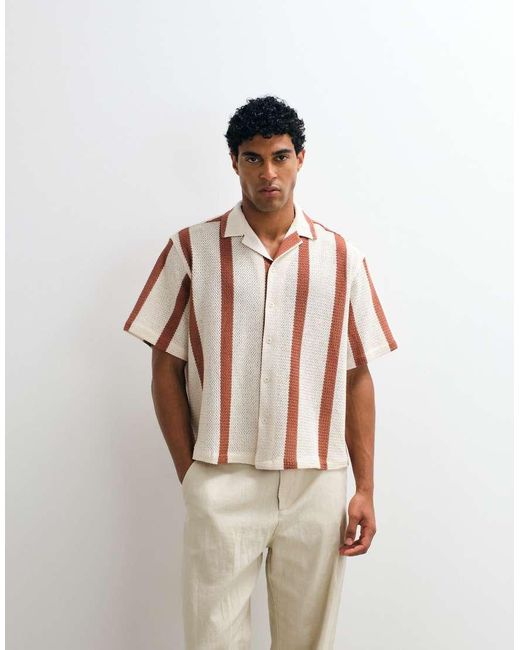 ASOS Natural Boxy Oversized Revere Crochet Stripe Shirt for men