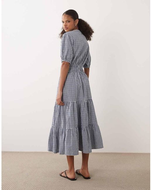 Barbour Ashwell Short Sleeve Check Tiered Gingham Midi Dress in Grey ...