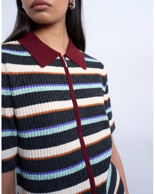 TOPSHOP Gray Knitted Zip Through Multi Stripe Polo