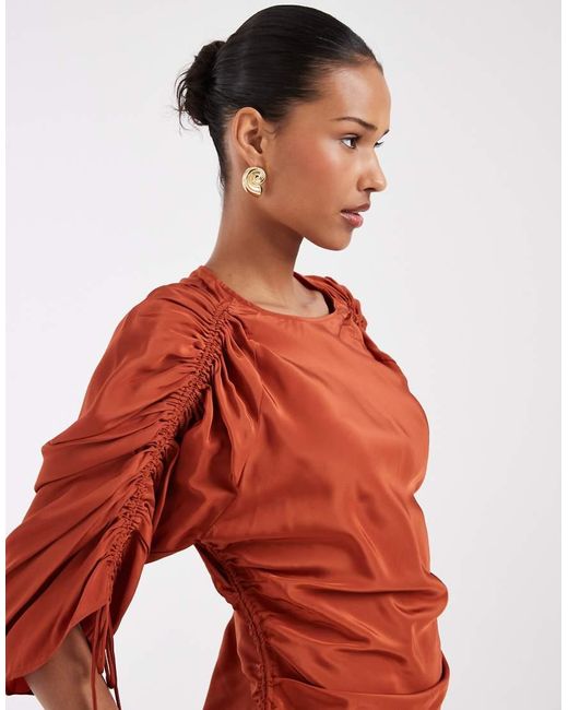 & Other Stories Red Ruched Volume Short Sleeve Mini Dress