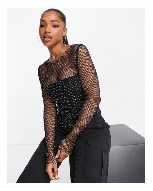 Pull&Bear Black – verziertes oberteil aus grobem netzstoff