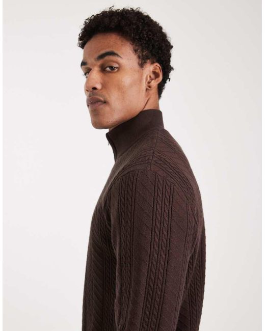 Threadbare Brown Cable Knit Quarter Zip Jumper for men
