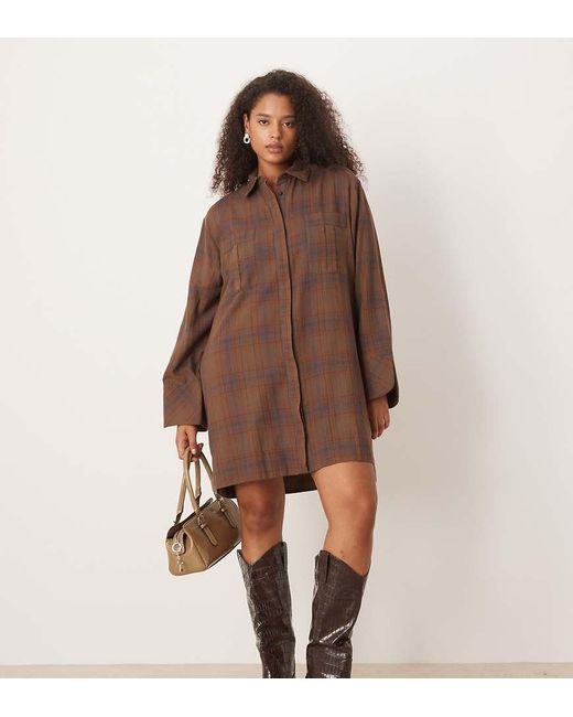 ASOS Brown Asos Design Curve Mini Shirt Dress With Wide Cuffs And Oversized Pockets