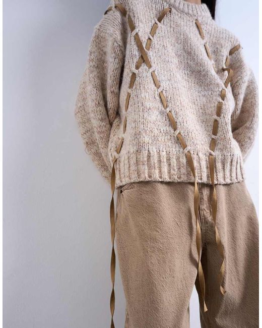 TOPSHOP Natural Knit Argyle Sweater With Leather Strap Detail