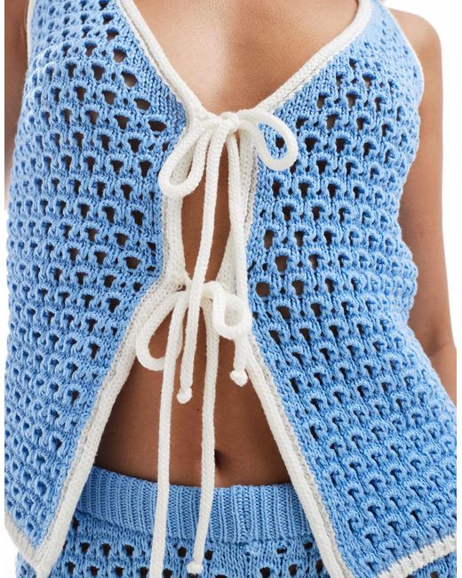 ASOS Blue Tie Front Knit Beach Top With Contrast Trim
