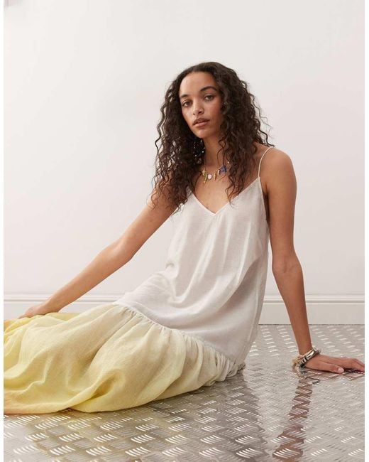 Monki Natural Crinkled Tiered Floaty Maxi Dress With Low Tie Back Detail