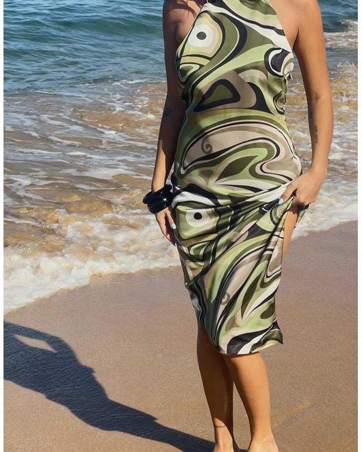 NA-KD Green X Audrey Afonso Printed Halterneck Midi Dress