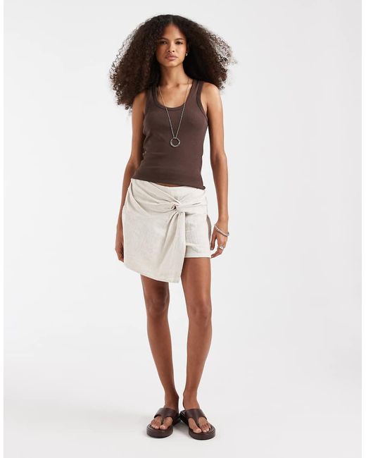 Pieces Natural Textured Cotton High Waist Knot Detail Skort