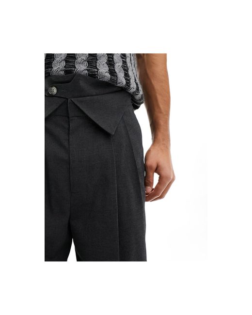 ASOS Black Wide Leg Smart Trousers With Split Waistband And Fold Over Detail for men