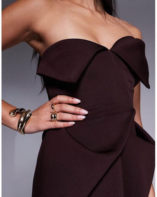 ASOS Brown Manipulated Fold Over Bandeau Mini Dress With Boxy Pleat Skirt