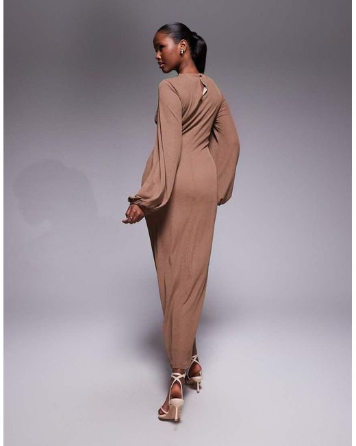 ASOS Gray Long Sleeve Twist Neck Detail Midi Dress
