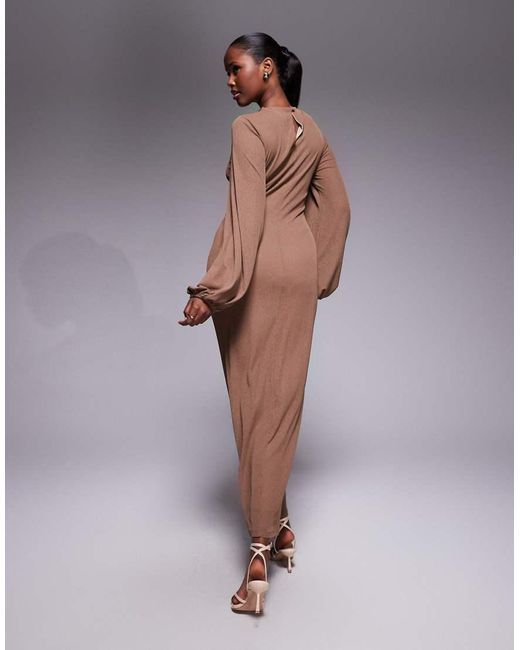 ASOS Gray Long Sleeve Twist Neck Detail Midi Dress