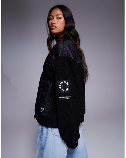 ASOS Blue Weekend Collective Borg Zip Through Bomber Jacket With Nylon Detail