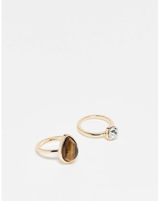 ASOS Natural Pack Of 2 Rings With Real Tigers Eye Stone