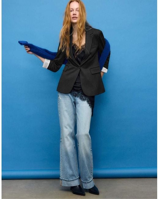 Stradivarius Blue Basic Striped Knit Blazer