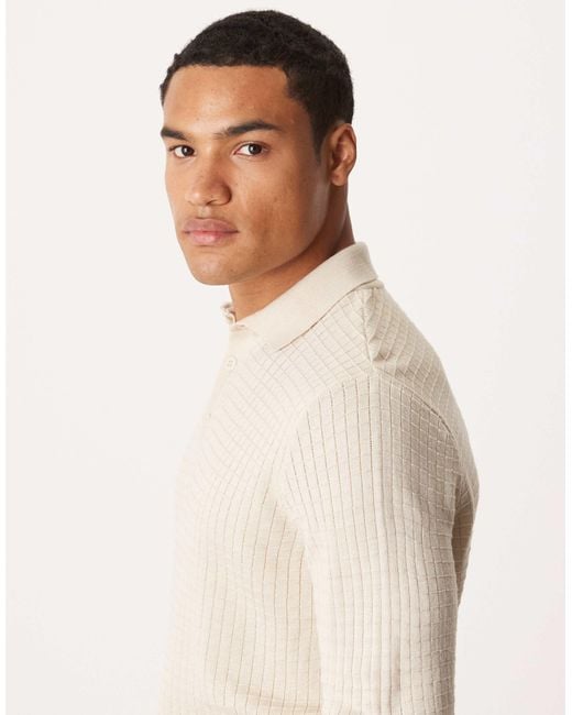 ASOS Natural Relaxed Knitted Textured Long Sleeve Polo for men