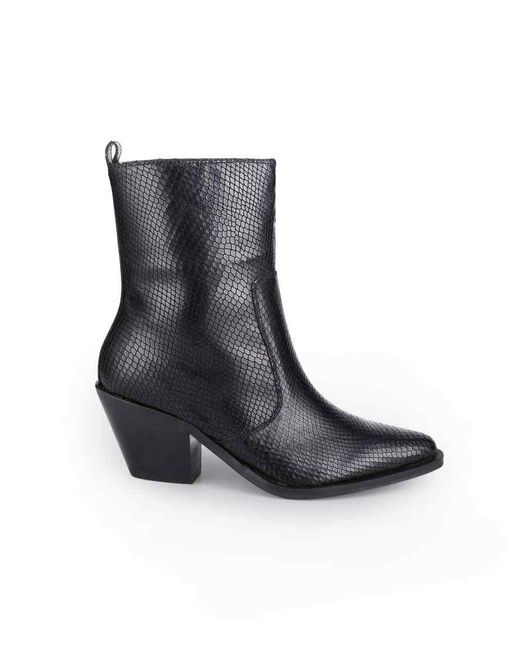 OFF THE HOOK Black Bridge Viper-Print Leather Block Heel Ankle Boots