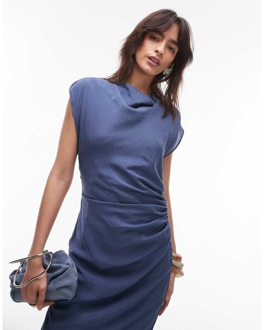 Vestido Midi Petróleo Con Mangas De Casquillo Y Lateral Fruncido De Mango de color Blue