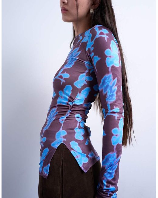 TOPSHOP Blue Abstract Floral Print Slash Neck Long Sleeve Top