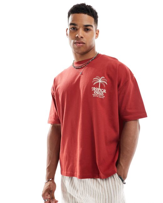 T-shirt oversize coupe carrée en tissu épais 240 g/m2 avec imprimé estival ASOS pour homme en coloris Red