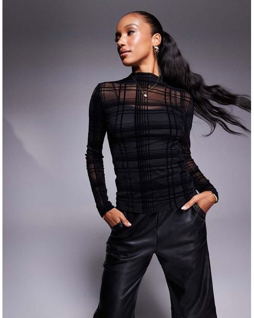 River Island Black Long Sleeve Check Mesh Top