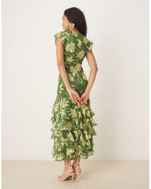 ANAYA Green Floral Print Ruffle Midaxi Dress