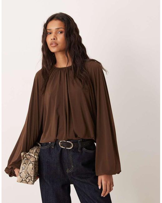 Mango Brown Long Sleeve Drape Detail Blouse