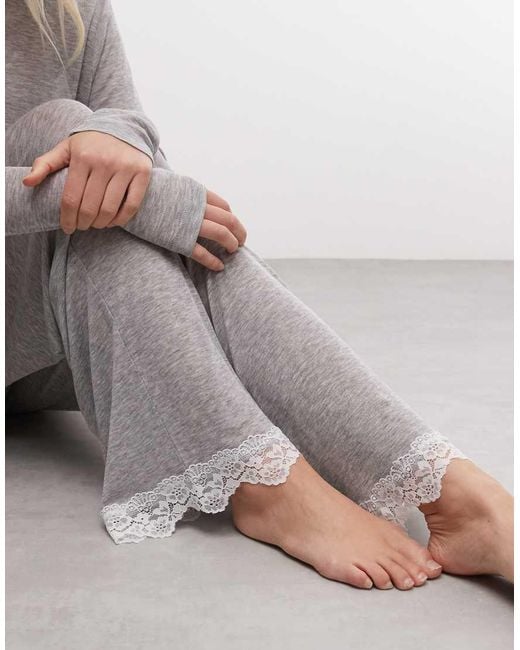 ASOS Gray Semi Sheer Wide Leg Trouser With Lace Trim