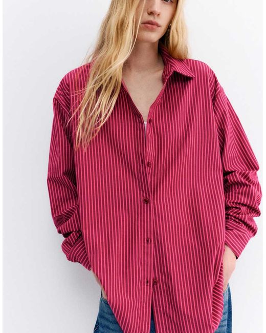 Pull&Bear Red Striped Poplin Shirt