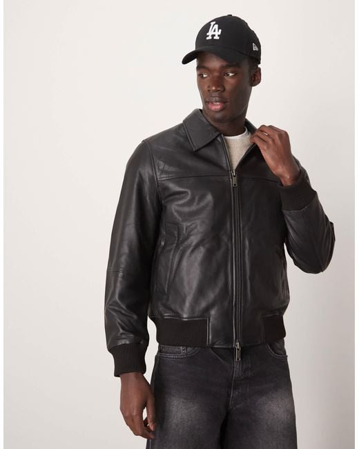 SELECTED Black Homme Collar Boxy Leather Jacket for men