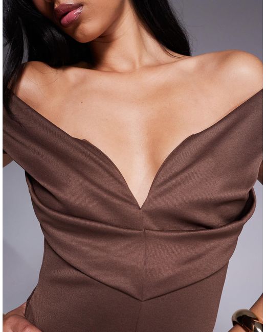 Robe fourreau mi-longue avec encolure bardot structurée et surpiqûres - chocolat ASOS en coloris Purple