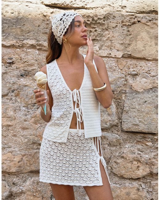 4th & Reckless White X Luana Barron Cotton Rich Mixed Crochet Open Tie Front Beach Top Co-ord