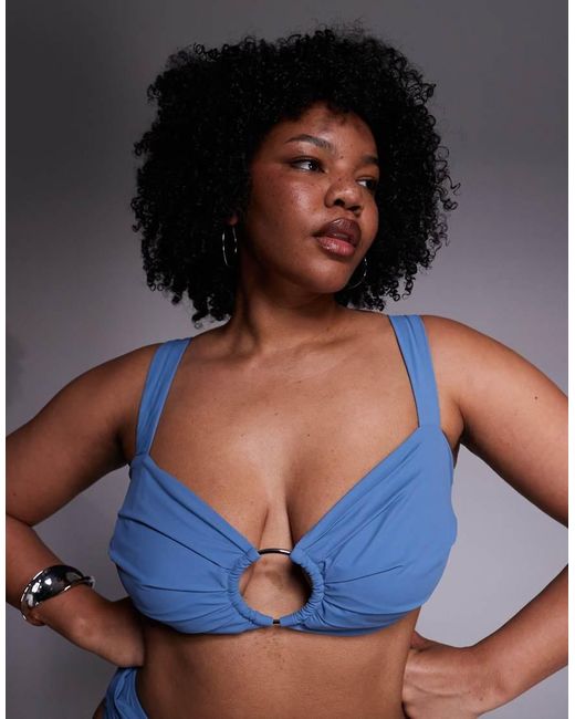 ASOS Blue Asos Design Curve Penelope Pleat Crop Bikini Top With Hoop Detail