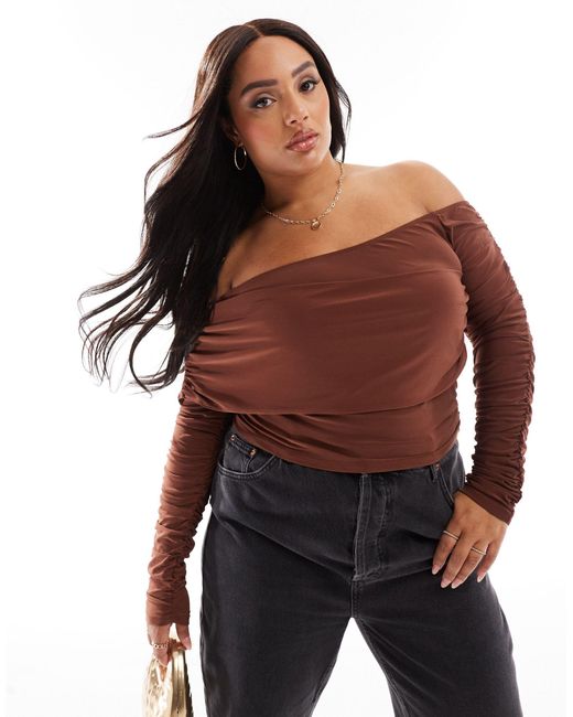 ASOS Red Asos Design Curve Slinky Asymmetric Neck Ruched Sleeve Top